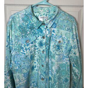 Coldwater Creek Women's XL Aqua Blue Button-Up Jacket Floral Paisley Cotton